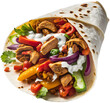 Tortilla with meat and vegetables, fast food, kebab in a tortilla, delicious shoarma, colorful tortilla. Generative AI