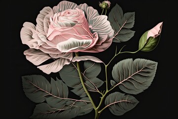 Wall Mural - Elegant close up illustration of a rose flower in pale pink on a black backdrop. Generative AI