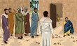Zacchaeus welcoming Jesus into his house.  Biblical illustration depicting Luke 19:5-7.