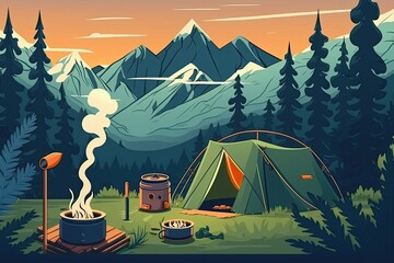 Wall Mural - Hikers set up camp in the mountains at dusk, complete with a pot of boiling water. There is a bright orange tent on a mountain plain. Toporm covered log and smoking cannabis can be found nearby. View