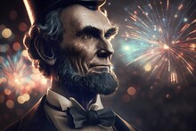 Abraham Lincoln On The Background Of The American Flag With A Firework. Generative AI.