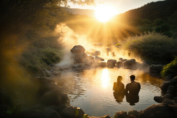 Escape to Tranquility: Couple Relaxing in Natural Hot Spring in Japanese Mountains retreat ai generative