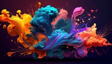 The Colorful Liquid Art Is Being Displayed Against A Black Background, A Red, Blue, And Yellow Colored Liquid Coming Out Of The Spray.