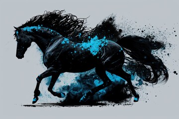 Canvas Print - A moving black stallion on a background of black dust clubs. Generative AI