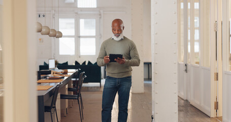 Poster - Tablet, realtor or real estate agent networking as a senior manager on digital website or selling property. Research, leadership or senior black man with kpi goals or growth mindset walking in hall