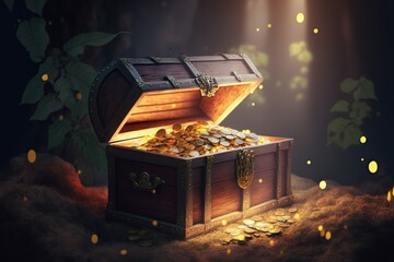 golden coins chest in forest, Generative Ai