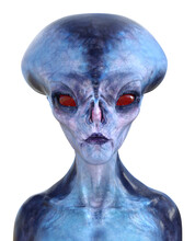 Illustration Of A Blue Skin Female Alien Looking Forward With Large Red Eyes On A White Background.