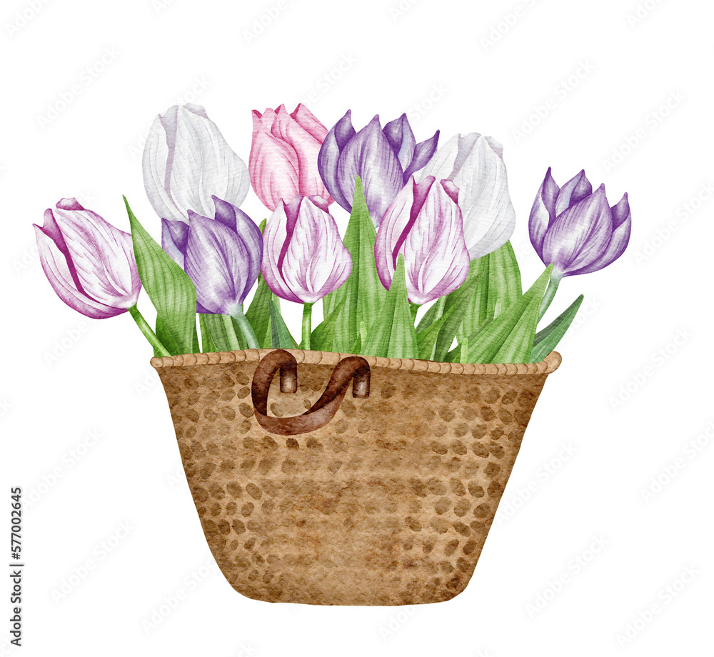 Garden watercolor illustrations of a basket with flowers. Farmhouse ...
