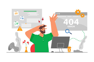 404 not found gray concept with people scene in the flat cartoon design. Programmer is worried that there is an error in the settings.