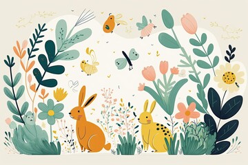 Sticker - Horizontal spring banner with fanciful flowers. There are pastel bunnies, hares, and a bumblebee among the flowers and plants. Poster, greeting card, and website header examples of modern minimalism