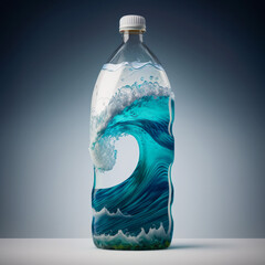 Wall Mural - Plastic waste pollution in the ocean. A plastic bottle with sea waves. Generative ai