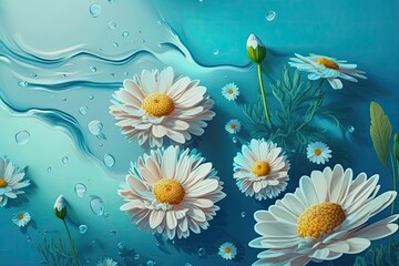 Canvas Print - On a blue background, beautiful chamomile and peony blossoms float on the water. Angled view from above; horizontal plane. Generative AI