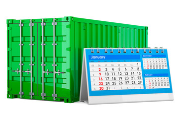 Canvas Print - Cargo container shipping freight with desk calendar, 3D rendering