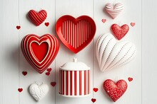 Hearts, Presents, And Candles In Red On A White Wooden Background. Valentine's Day As An Idea. Generative AI
