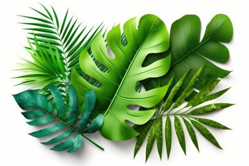 Wall Mural - Green plam leaves, coconut fronds, and other tropical foliage isolated on white with clipping path. Generative AI