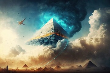 Poster - UFO spotted emerging from the clouds above the pyramids . Generative AI