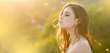 Spring Woman On Sunlight Romantic Portrait, Sensual Sunny Face. Banner For Website Header. Young Woman Outdoor Enjoying The Sunlight. Spring Romantic Casual Woman Portrait.