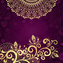 Wall Mural - Vector vintage frame with golden mandala and flowers on a purple background