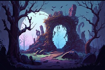 Canvas Print - Imaginary fantasy setting with with ruined buildings, trees, and a mystical doorway. Generative AI