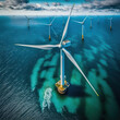 renewable energy with wind turbines farm offshore on the sea. drone view. generative ai