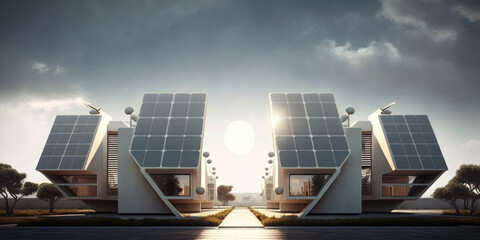 Wall Mural - residential houses with photovoltaic solar panels. sustainable and ecological housing development. g