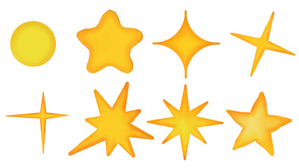 Wall Mural - Yellow watercolor sparkle symbol vector set. Bright firework, decoration twinkle, shiny flash.