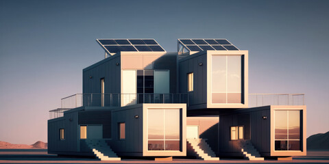 Wall Mural - residential houses with photovoltaic solar panels. sustainable and ecological housing development. g
