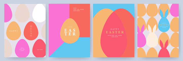 Wall Mural - Happy Easter set of cards, posters or covers in modern minimalistic simple style with geometric shapes, eggs and rabbit ears. Trendy templates for advertising, branding, congratulations or invitations