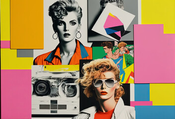 Wall Mural - Abstract 1980s trendy collage design with female portrait. Generative ai