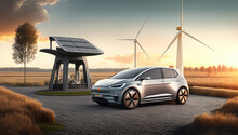 An EV Silver Gray Electric Car With A Low Battery And Covered By Green Leaf Nature Charge At An Electric Charging Station Is Seen On Desert Area Windmill. Generative AI