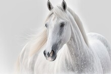 High Key Portrait Of A Handsome Arabian Stallion. White Horse In The Snow. Headshot Of A White Horse. Horse, Also White, On A White Backdrop. Territorial Animal. Generative AI