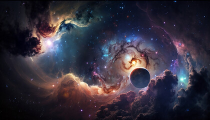 Wall Mural - Interstellar nebula with stars and planets. Perfect wallpaper, poster created with generative AI