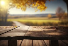 A Wooden Table With A View Of A Country Road In The Background With Leaves On It Deep Depth Of Field A Tilt Shift Photo Postminimalism