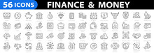 Money Thin Line Icon Set. Finance Icon Set. Money Signs. Vector Business And Finance Editable Stroke Line Icon. Bank, Check, Law, Auction, Coins, Exchance, Payment, Wallet, Deposit, Piggy. Vector