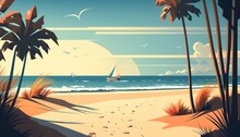 A Painting Of A Beach With A Sailboat In The Distance And Palm Trees In The Foreground Colorful Flat Surreal Design Artistic Art Retrofuturism