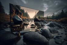 A Large Television Screen Sitting On Top Of A Rocky River Bank With Rocks And Trees Uhd 8 K A Computer Rendering Purism