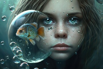 A girl with a fish in her hand looking at a fish in a bowl in the water highly detailed digital painting a photorealistic painting photorealism