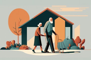 A man and woman walking in front of a house with a lawn mower in front of it editorial illustration a storybook illustration figurativism