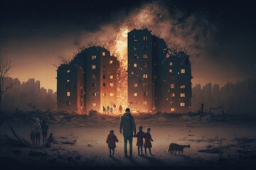 A man and two children standing in front of a fire in a city with a huge building dystopian art a detailed matte painting neoism