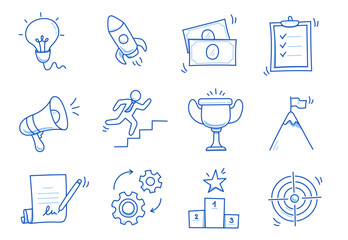 Doodle business icon set. Success, target, goal hand drawn sketch blue pen stroke style icon. Marketing, career, ofiice concept doodle drawn collection. Vector illustration