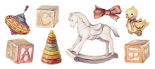 Set Of Watercolor Vintage Illustrations With Kids Toys: Whirligig, Pyramid, Duck, Wooden Cubes, Rocking Horse. Isolated.