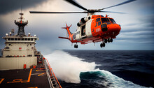 Lifeguard Descend From Helicopter On Ship At Blue Sea