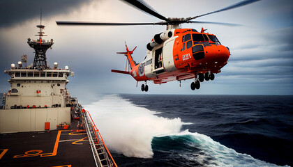 lifeguard descend from helicopter on ship at blue sea