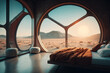 © ADDICTIVE STOCK - AI image of bedroom with window and comfortable bed overlooking dunes and mountains in Mars