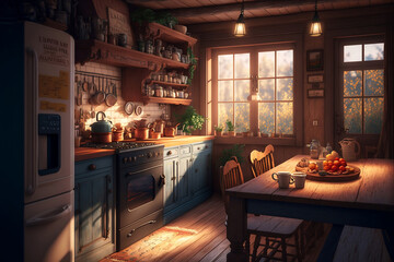 interior of kitchen in rustic style with vintage kitchen ware and window. white furniture and wooden