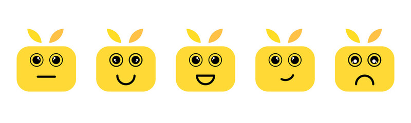 Wall Mural - Cute yellow cartoon character with big eyes and long ears for kids in different face expressions. Happy, Sad, Laugh, Think emoji set. Emoticons with square yellow character vector illustrations set.