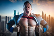 © aapsky - Muscled Athletic Muscular gym businessman in a business suit showing the superhero suit under his shirt tearing it up, against the backdrop skyscrapers business district of metropolis. Generative AI