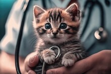 A Small Kitten Being Held By A Person In A Medical Gown With A Stethoscope Cute And Adorable A Stock Photo Shock Art