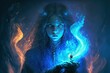 A female sorceress with a hand full of blue flames. Generative AI