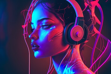 Wall Mural - Stylized female woman wearing headphones and bathed in neon Generative AI